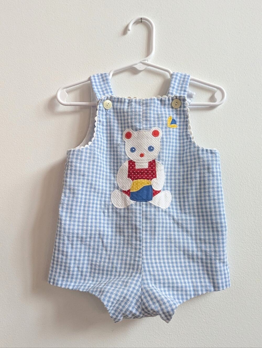 Vtg Sylvia Whyte Blue Bubble Romper 12-18m Boys Teddy Bear Applique